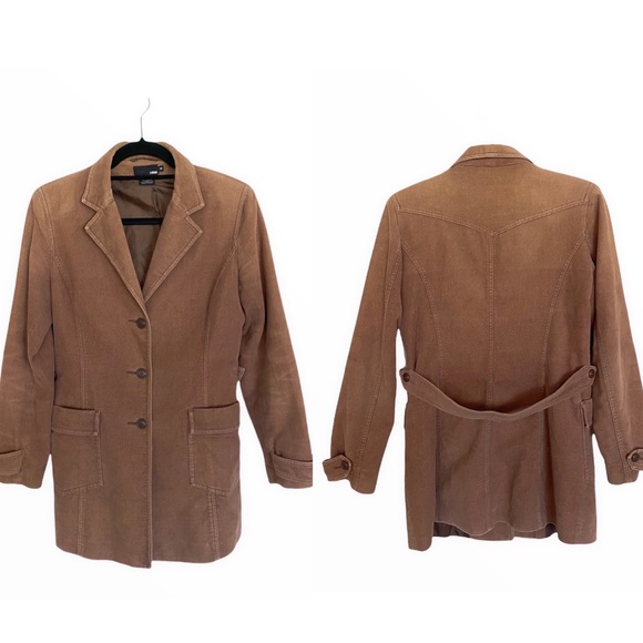 H&M Camel Brown Corduroy Long Lightweight Jacket Size 38